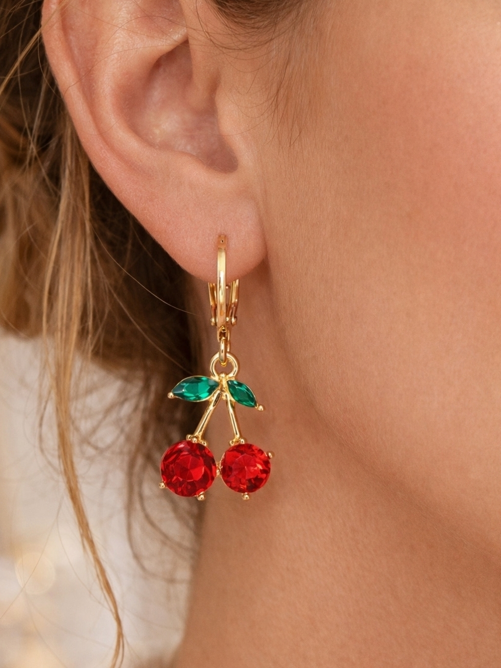 Cherry Drop Earrings with Red and Green Crystals